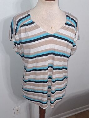 Notations/ Striped V-Neck Short Sleeve Top - W Sz M